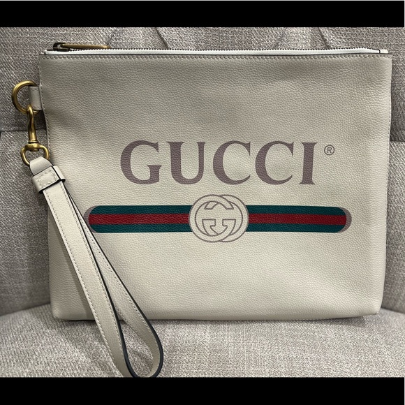 GUCCI Logo Print Clutch Bag Leather White 572770 527066 - Picture 4 of 8